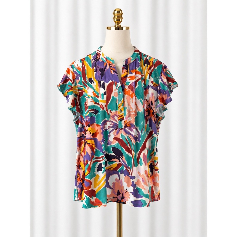 New Ava & Grace Blouse Y-Neck Popover Top Size L Floral Abstract Flutter Sleeve